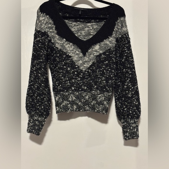 White House Black Market Sweaters - White House Black Market Black and White Wool Blend V-Neck Sweater